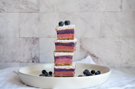 Raw Cherry & Wild Blueberry Layered Cheesecake Bars