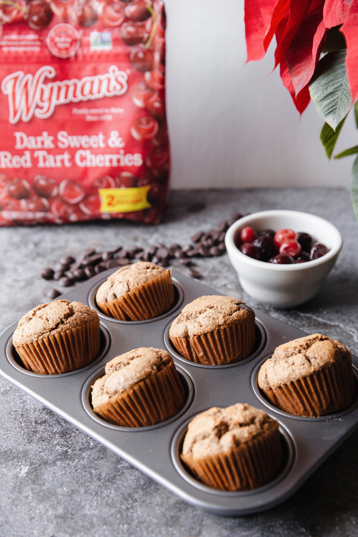Cherry Cashew Frosted Chocolate Chip Muffins
