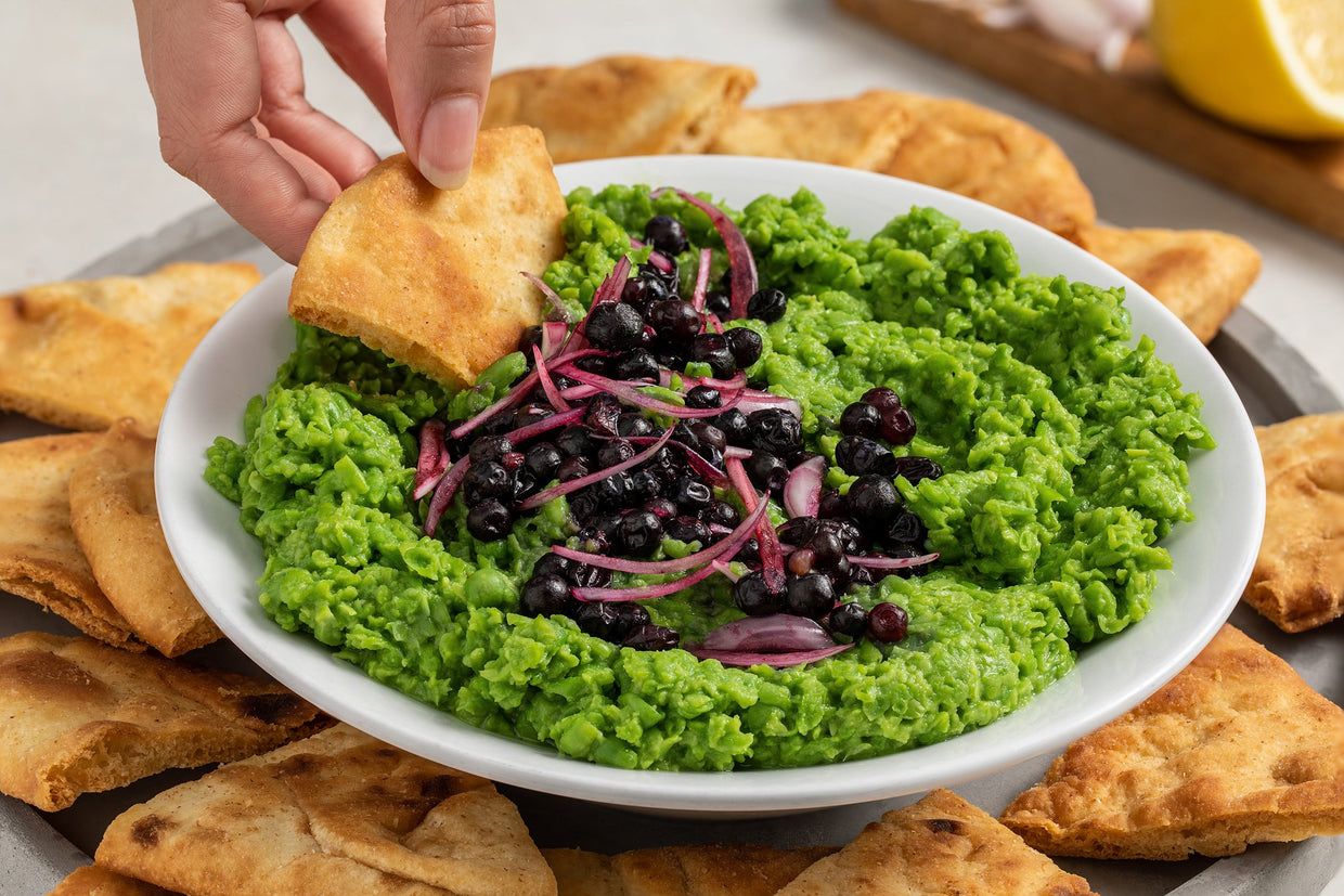 Pea Hummus with Wild Blueberries & Shallots