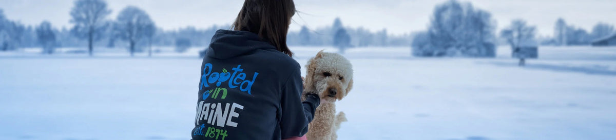 A person wearing a hoodie with Rooted in MAINE text stands in a snowy field, holding a curly-haired dog. The word MERCHANDISE appears on the right.