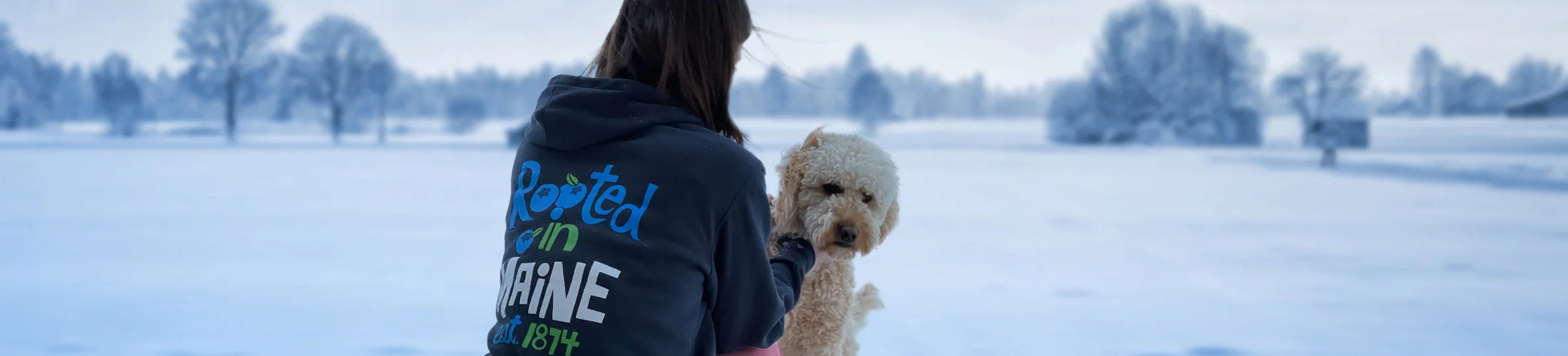 A person wearing a hoodie with Rooted in MAINE text stands in a snowy field, holding a curly-haired dog. The word MERCHANDISE appears on the right.