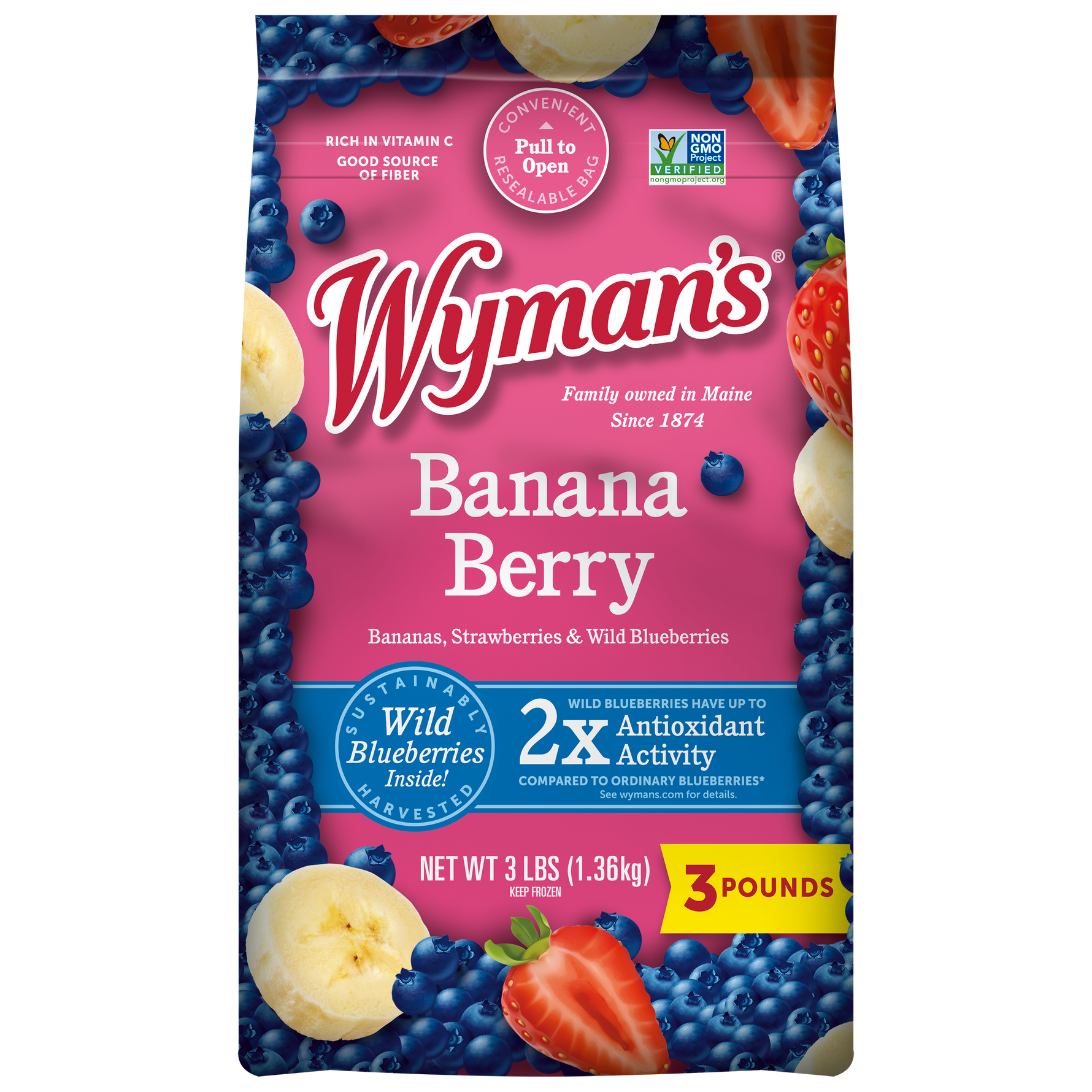 A bag of Wyman's Banana Berry cereal, packed with vitamin C and antioxidants.