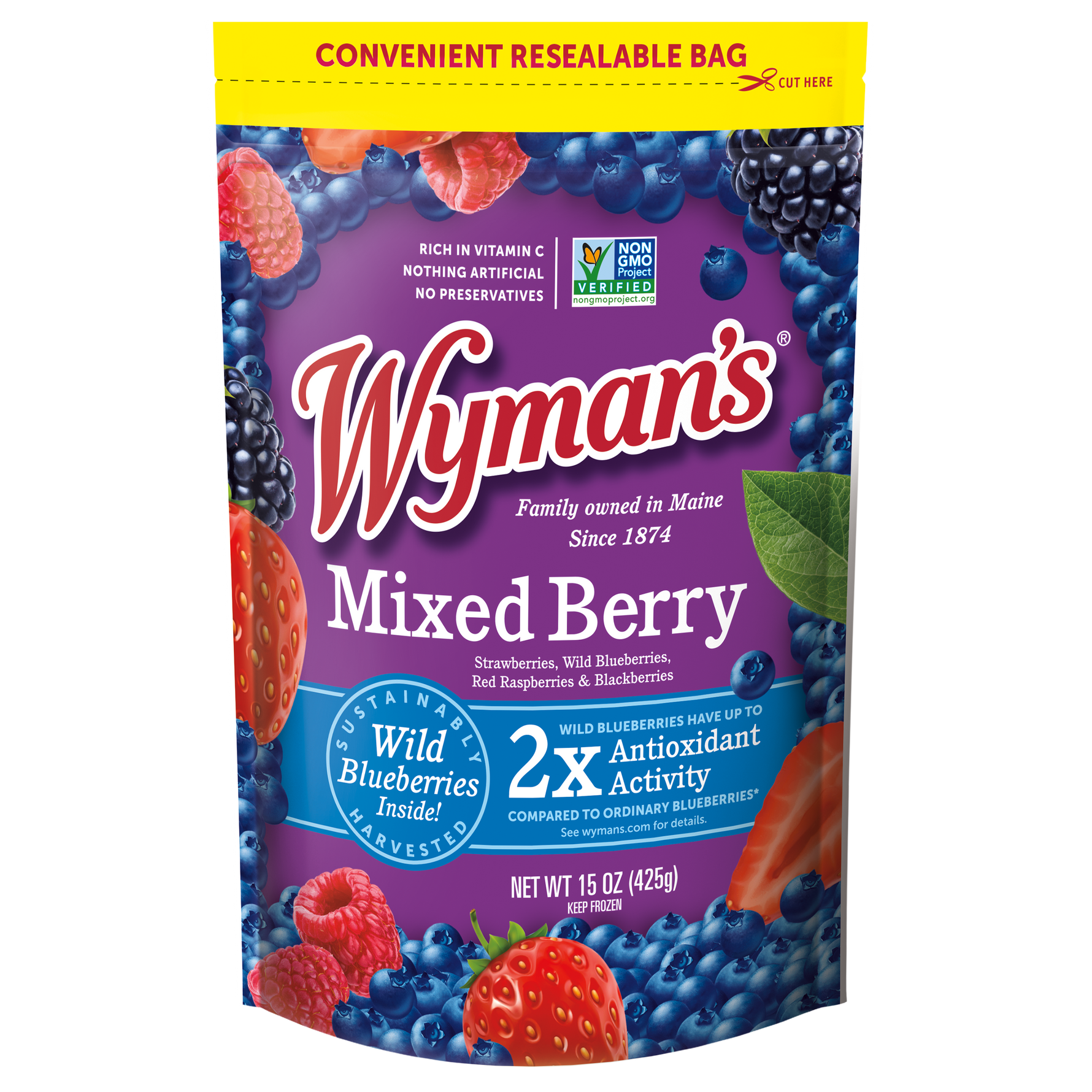 A bag of Shop Wyman's fresh-frozen Mixed Berries.