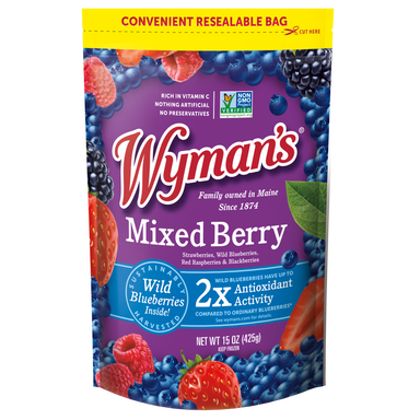 A bag of Shop Wyman's fresh-frozen Mixed Berries.