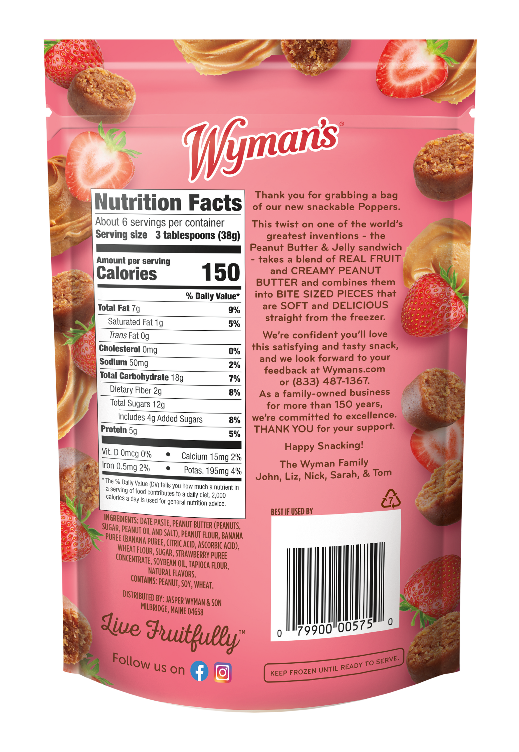 Wyman's Fruit & Peanut Butter Poppers - Peanut Butter & Strawberry Flavored Package Back