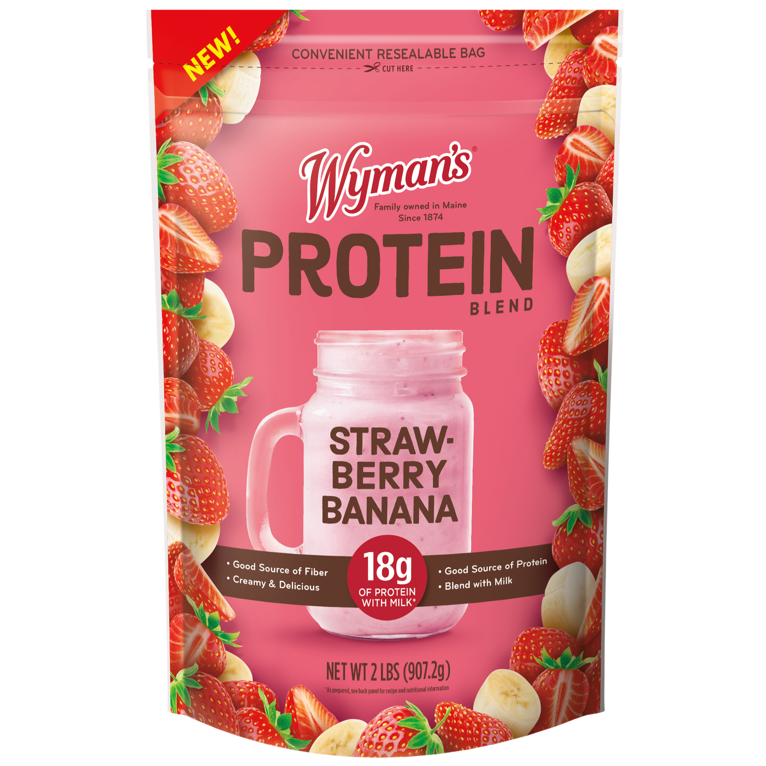 A 2 lb bag of Protein Blend - Strawberry Banana with images of strawberries, bananas, and a pink protein shake jar—featuring nutrition highlights—perfect for your workout routine.