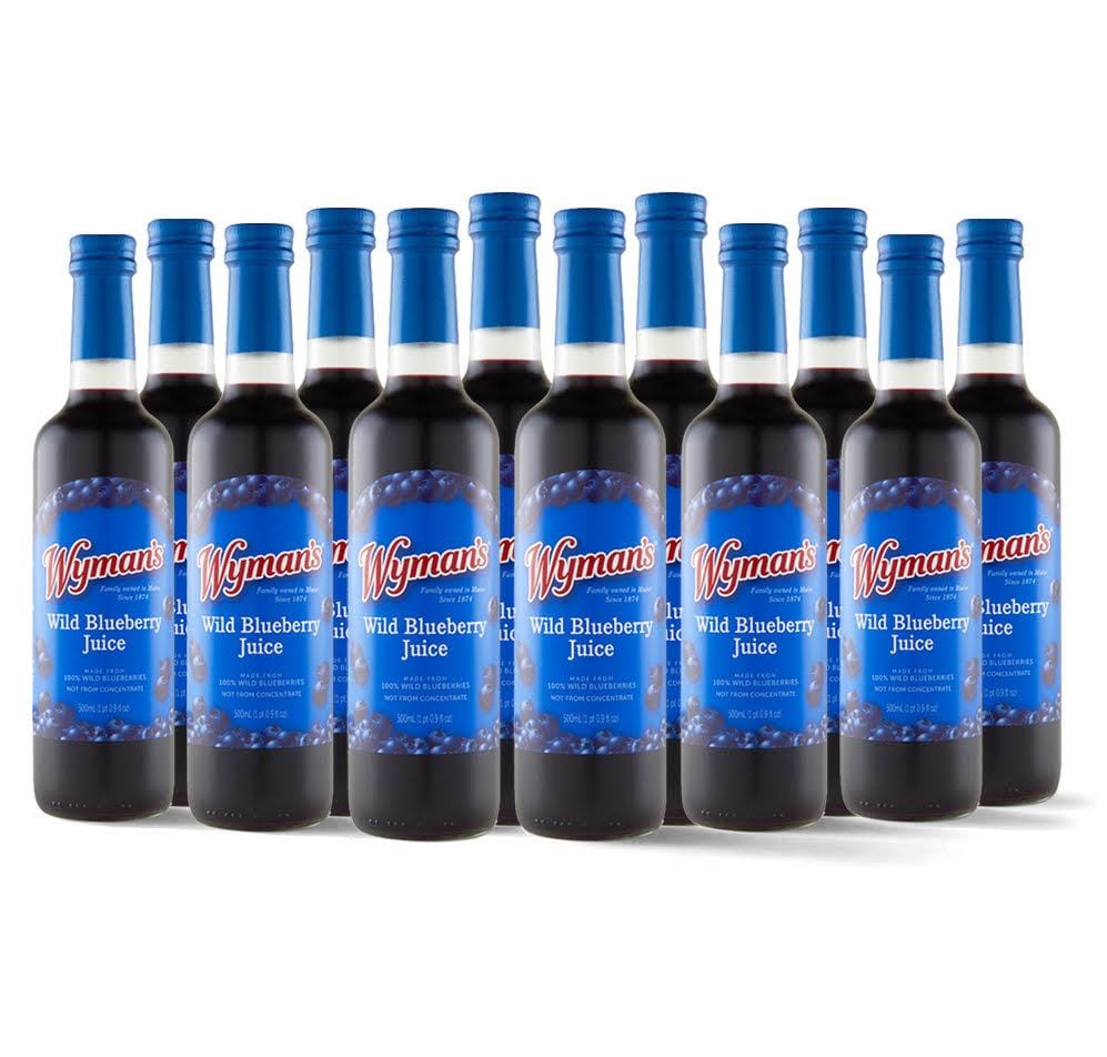 Multiple bottles of Wyman's Wild Blueberry Juice with blue labels on a white background
