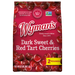 A bag of PSS Dark Sweet & Red Tart Cherries on a black background.