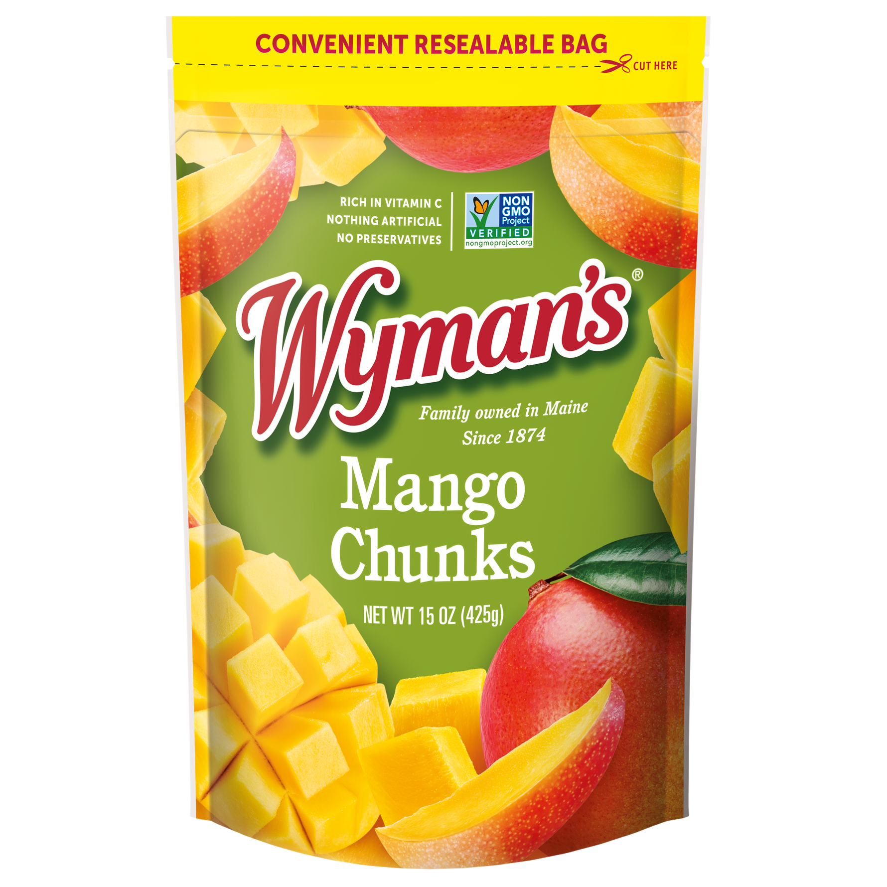 A bag of fresh-frozen Shop Wyman's Mango Chunks.