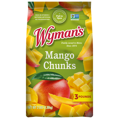 A bag of fresh-frozen Shop Wyman's mango chunks.