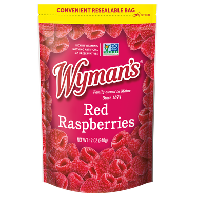 A bag of fresh-frozen Shop Wyman's red raspberries.