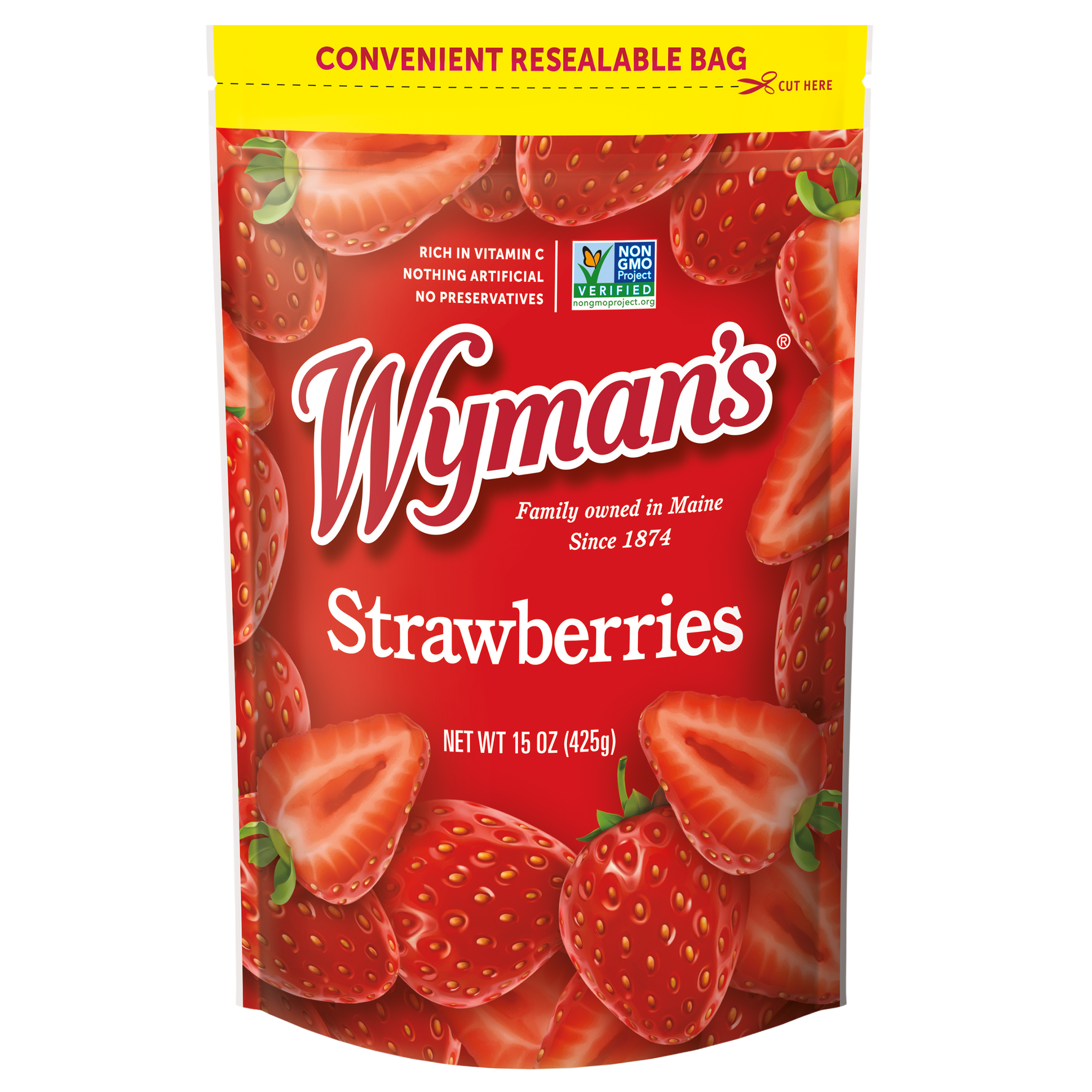A bag of Wyman's fresh-frozen strawberries.