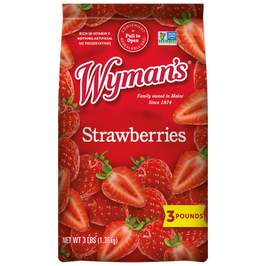 A bag of fresh-frozen PSS Strawberries.