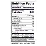 Wild Blueberry Purée: 1 pouch (100g) per serving, 60 calories, 0g fat, 0mg cholesterol or sodium, 14g carbs (4g fiber, 7g sugars), and 0g protein—tasty wild blueberry snacks rich in vitamins and minerals.