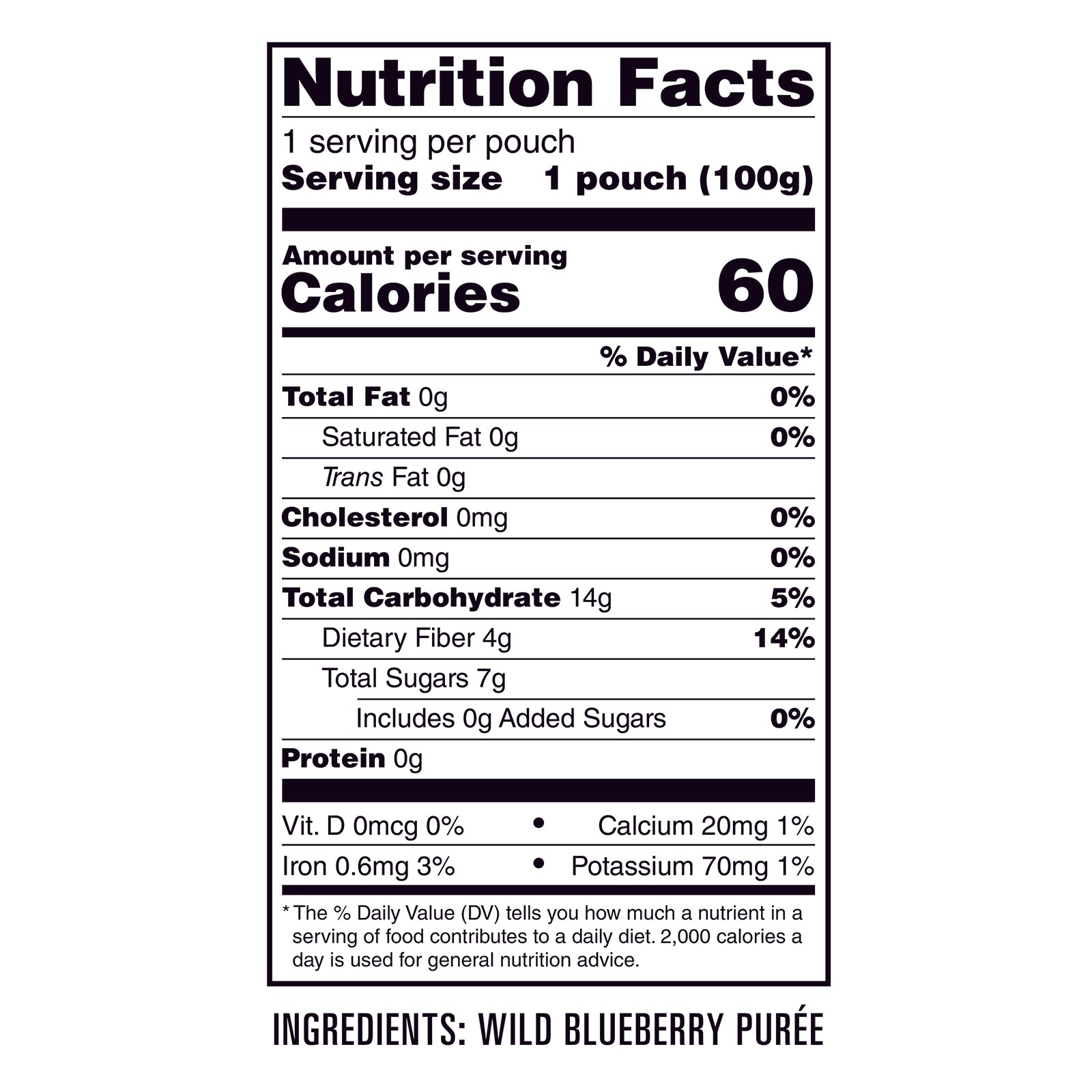Wild Blueberry Purée: 1 pouch (100g) per serving, 60 calories, 0g fat, 0mg cholesterol or sodium, 14g carbs (4g fiber, 7g sugars), and 0g protein—tasty wild blueberry snacks rich in vitamins and minerals.