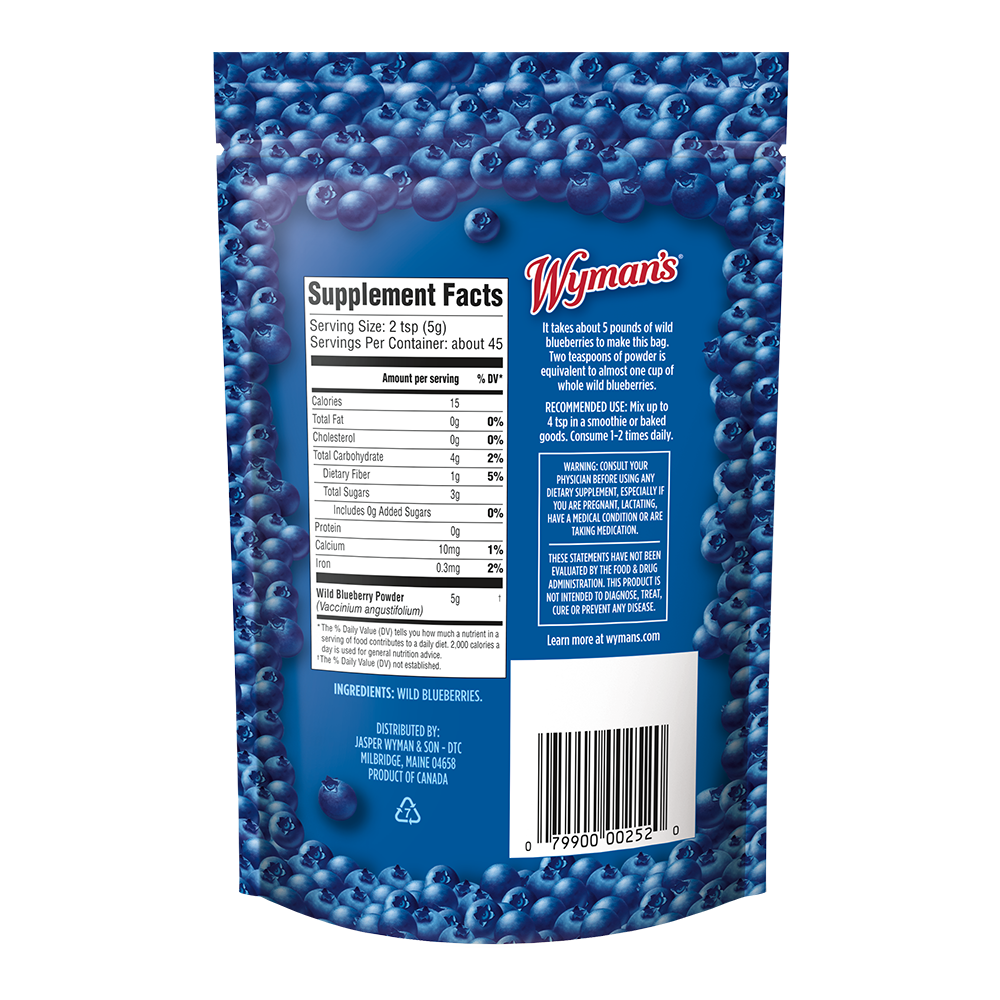 Back of the Wild Blueberry Powder - 8 oz bag features a blueberry field image, supplement facts, dehydrated blueberries as ingredients, usage instructions, barcode, and distributor details.