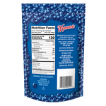 The back of a Whole Dried Wild Blueberries - 4.5 oz bag displays nutrition facts, ingredients, barcode, and product details against a blueberry background—showcasing why this snack is popular among wild blueberry fans.