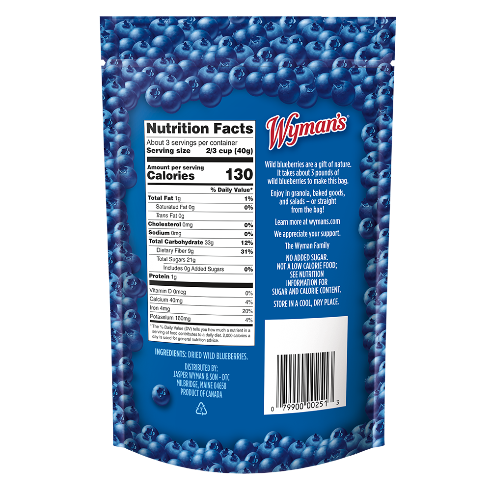 The back of a Whole Dried Wild Blueberries - 4.5 oz bag displays nutrition facts, ingredients, barcode, and product details against a blueberry background—showcasing why this snack is popular among wild blueberry fans.