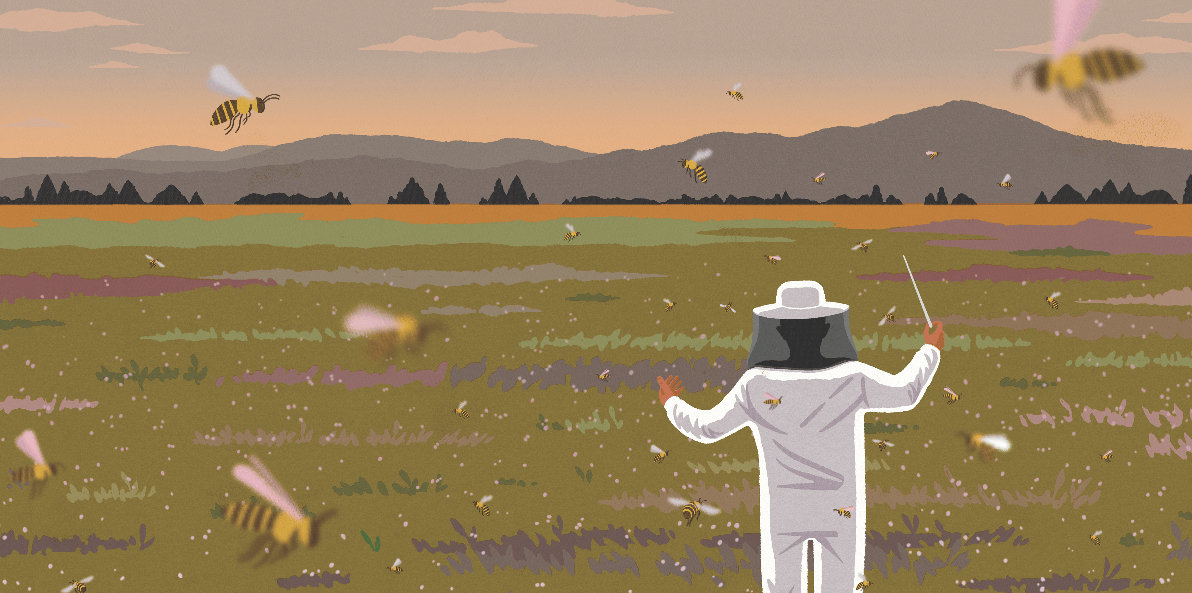 A man is standing in a field with bees flying around him.