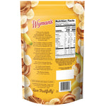 Back of Shop Wymans Protein Blend - Banana Peanut Butter bag displaying nutrition facts, brand logo, product details, and smoothie instructions on a yellow background with images of flash frozen fruit.