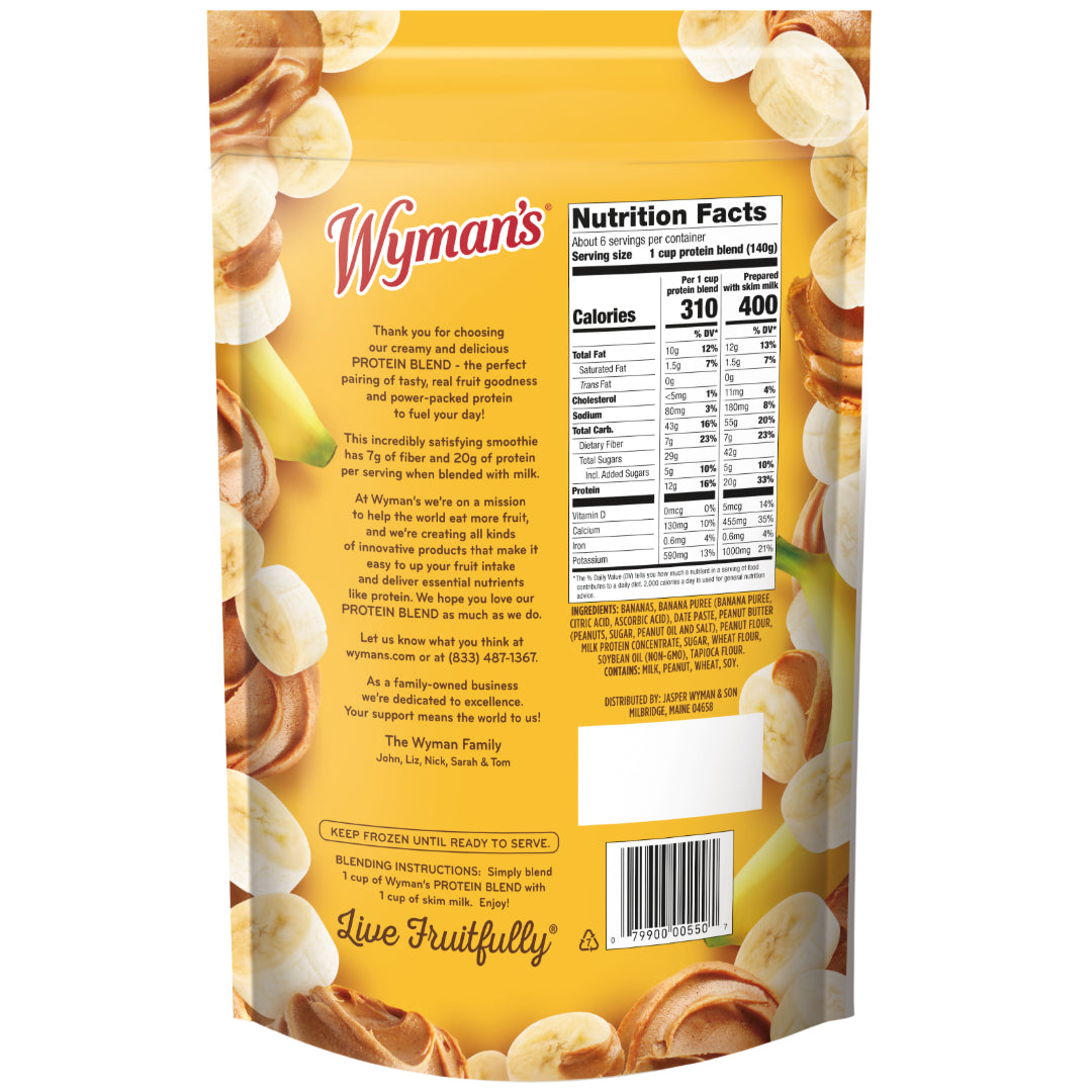 Back of Shop Wymans Protein Blend - Banana Peanut Butter bag displaying nutrition facts, brand logo, product details, and smoothie instructions on a yellow background with images of flash frozen fruit.