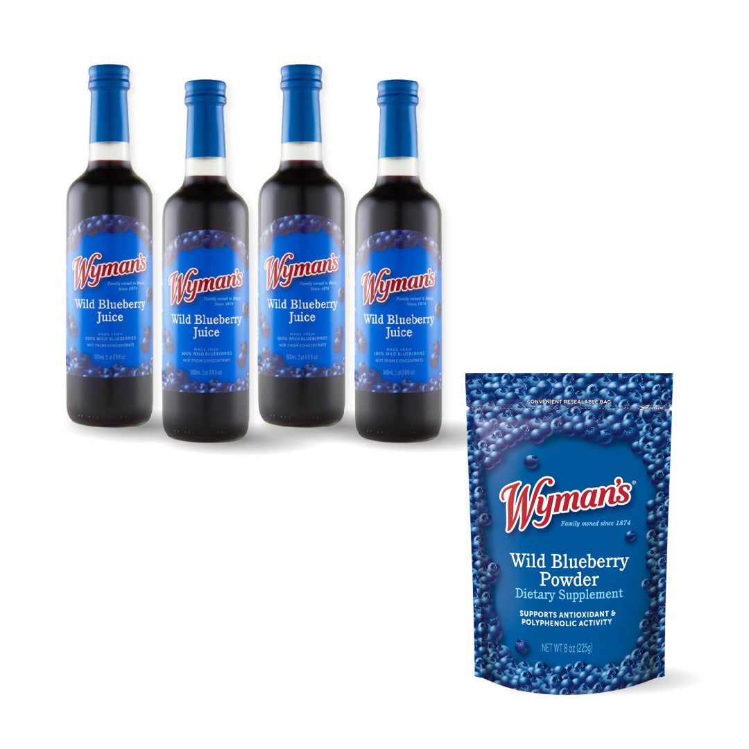 Four bottles of Wyman’s Wild Blueberry Juice are lined up on the left, with a packet of Wild Blueberry Powder supplement to the right—together forming the Berry Best Bundle against a white background.