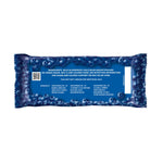 Back of a Wild Blueberry Purée snacks bar wrapper shows a blueberry pattern, ingredient and distributor details, QR code, Wild Blueberry Purée listed, and a note that this unit is not labeled for individual sale.