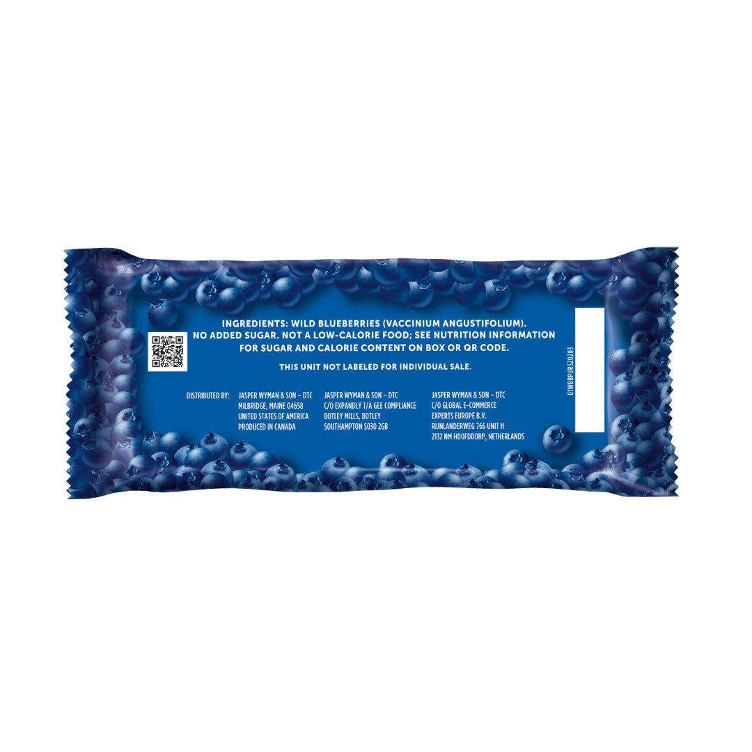 Back of a Wild Blueberry Purée snacks bar wrapper shows a blueberry pattern, ingredient and distributor details, QR code, Wild Blueberry Purée listed, and a note that this unit is not labeled for individual sale.