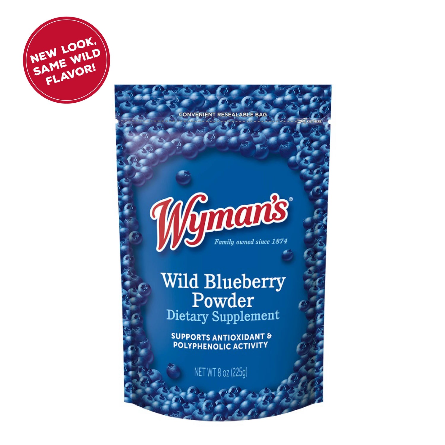 An 8 oz resealable bag of Wild Blueberry Powder with a blue design and berry images. The red NEW LOOK. SAME WILD FLAVOR! label highlights this fruit supplement, which supports antioxidants and polyphenolics.