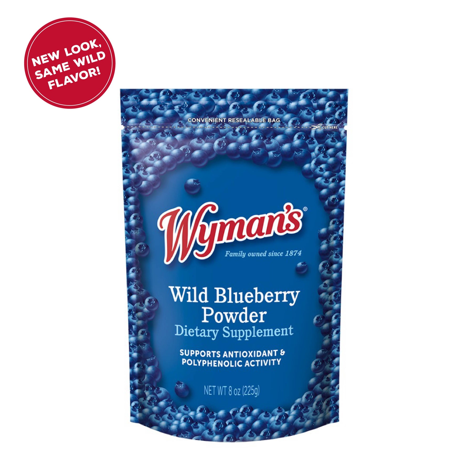 An 8 oz resealable bag of Wild Blueberry Powder with a blue design and berry images. The red NEW LOOK. SAME WILD FLAVOR! label highlights this fruit supplement, which supports antioxidants and polyphenolics.