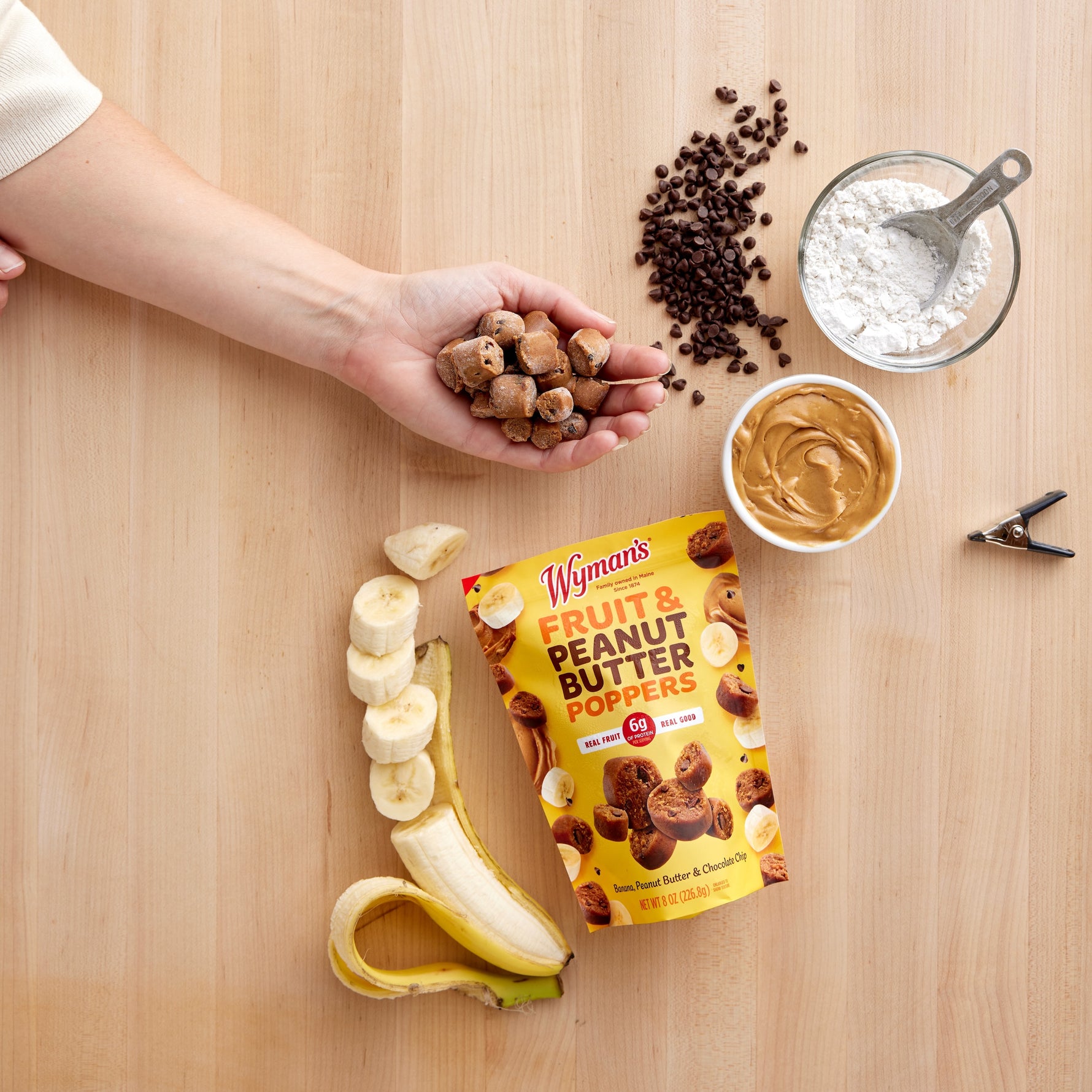 Wyman's Fruit & Peanut Butter Poppers - Banana, Peanut Butter & Chocolate Chip Ingredients Layout