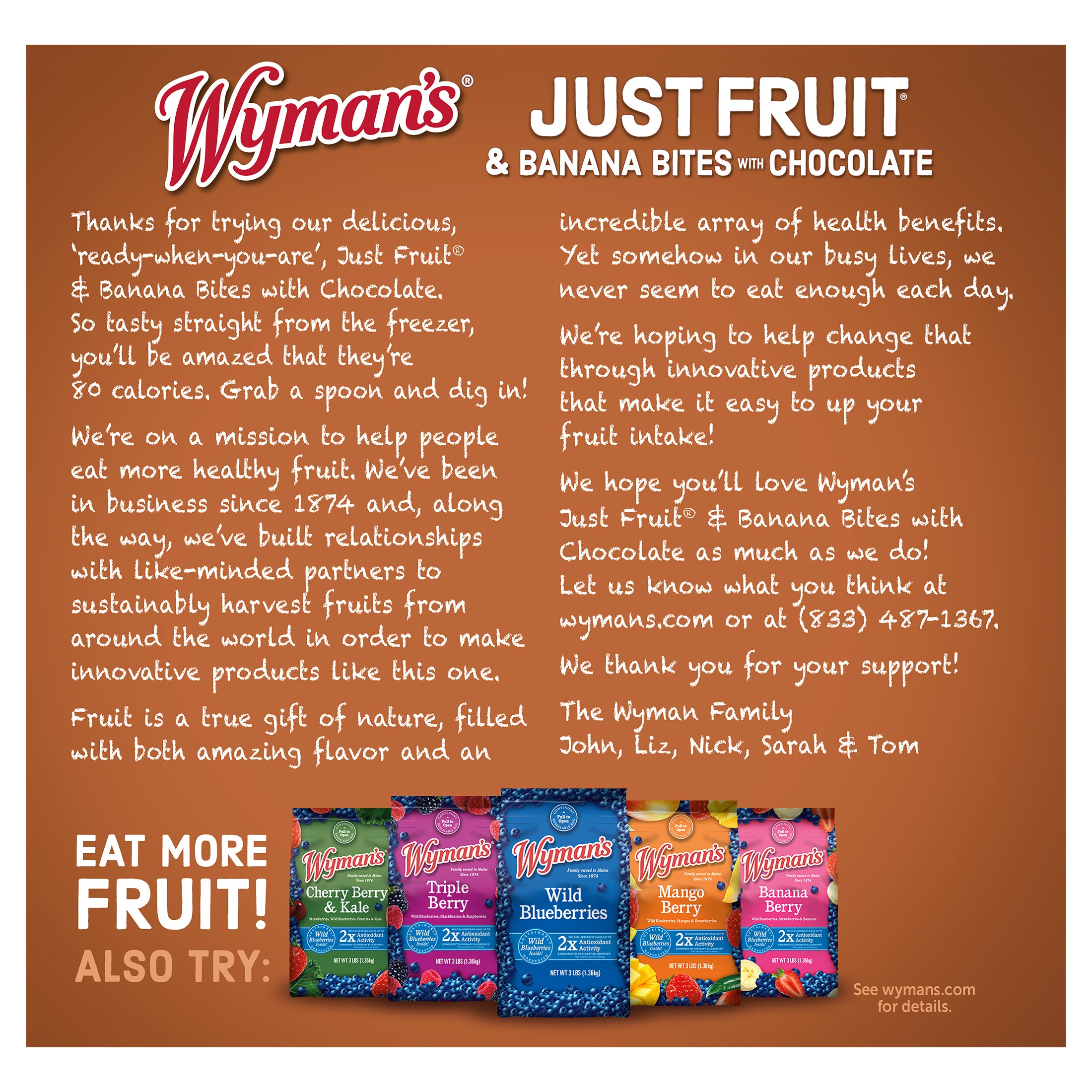 A flyer for Shop Wyman's Just Fruit - Banana Bites with Chocolate.