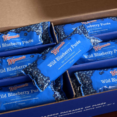 Whitney's Wild Blueberry Purée packets, in blue packaging with the brand logo and blueberries, are perfect for smoothies or baked goods.