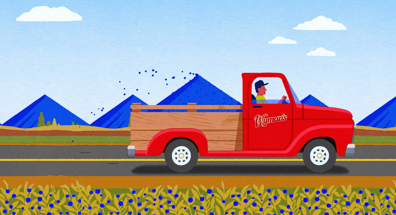 A cartoon illustration of a red truck driving down a road with mountains in the background.