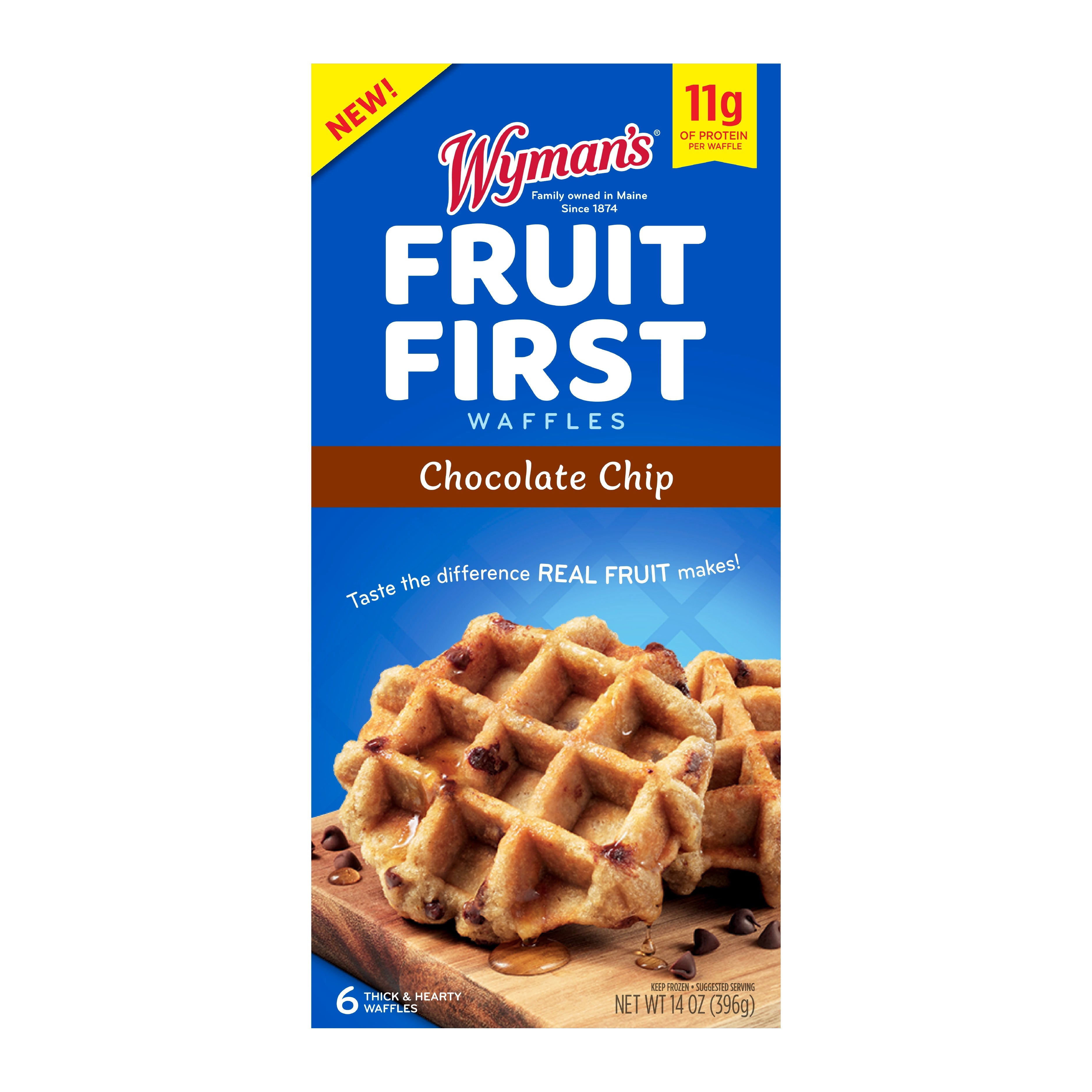 Box side view of the Wyman's Fruit First Chocolate Chip Waffles