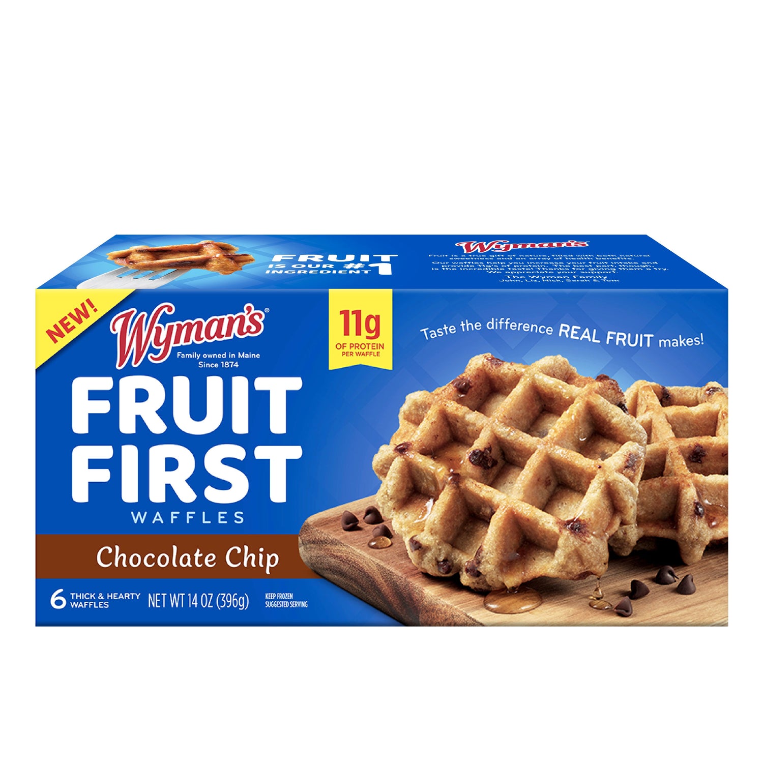 Full box view of the Wyman's Fruit First Chocolate Chip Waffles