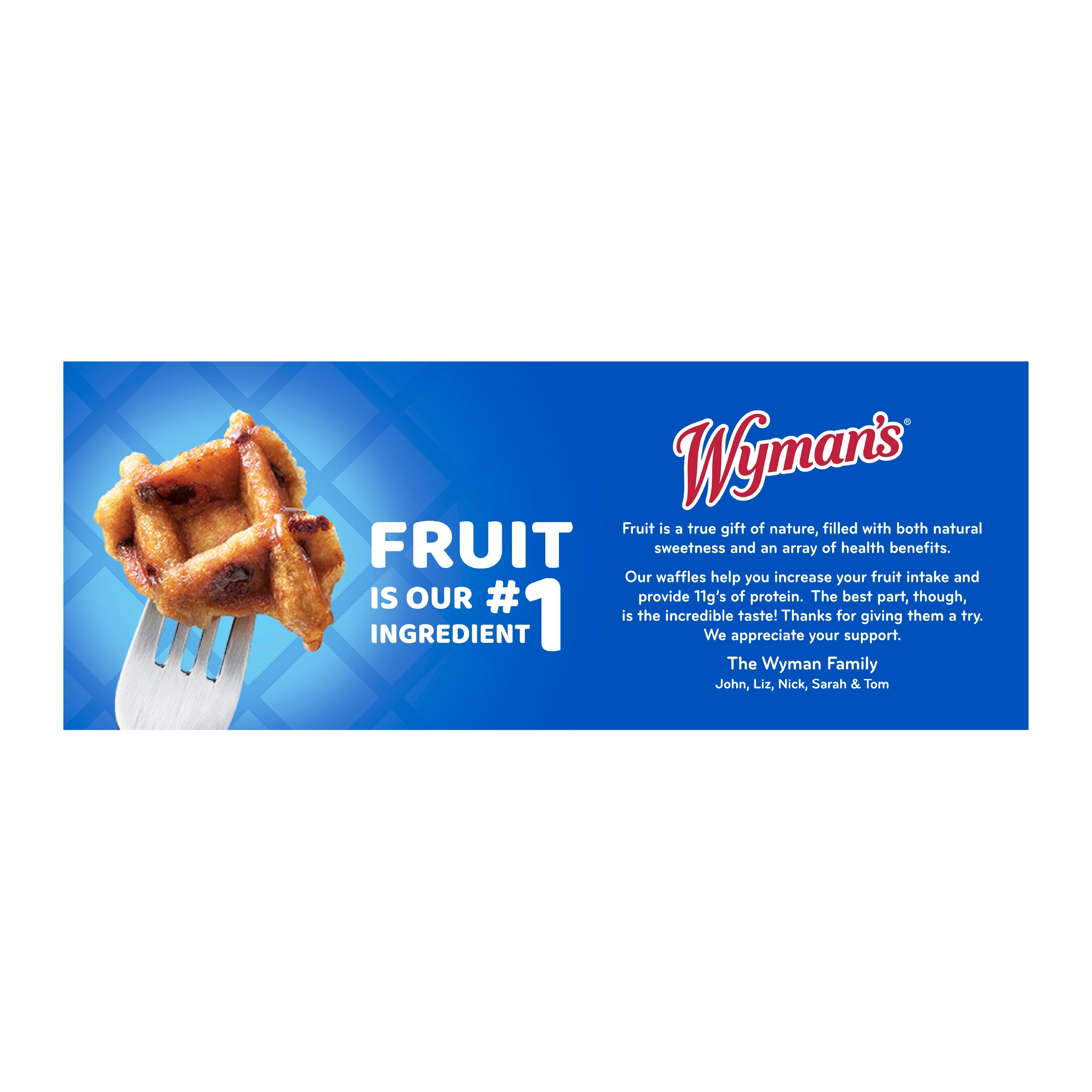 Side view call out on the Wyman's Fruit First Chocolate Chip Waffles