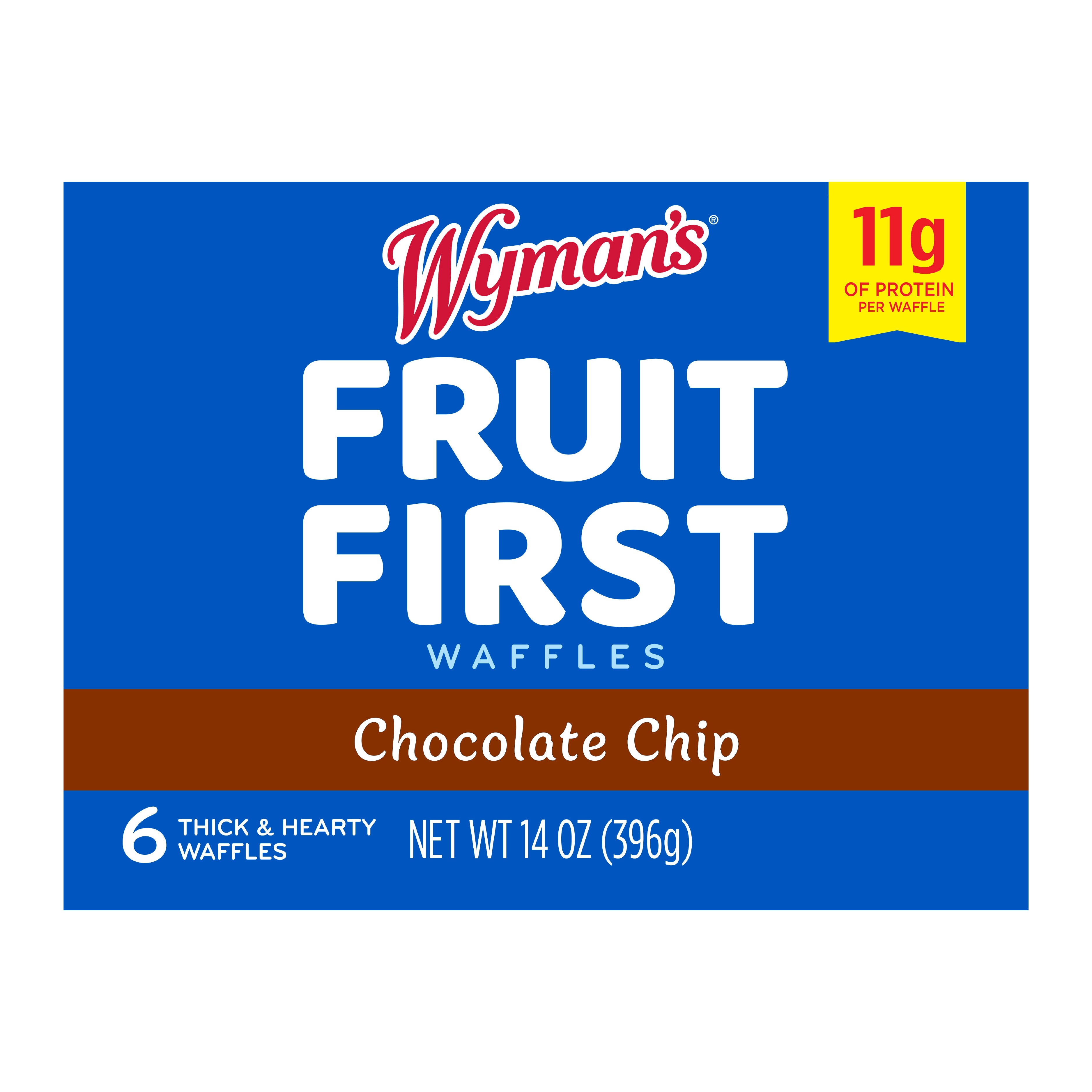 Wyman's Fruit First Chocolate Chip Waffles with 11g of protein per waffle