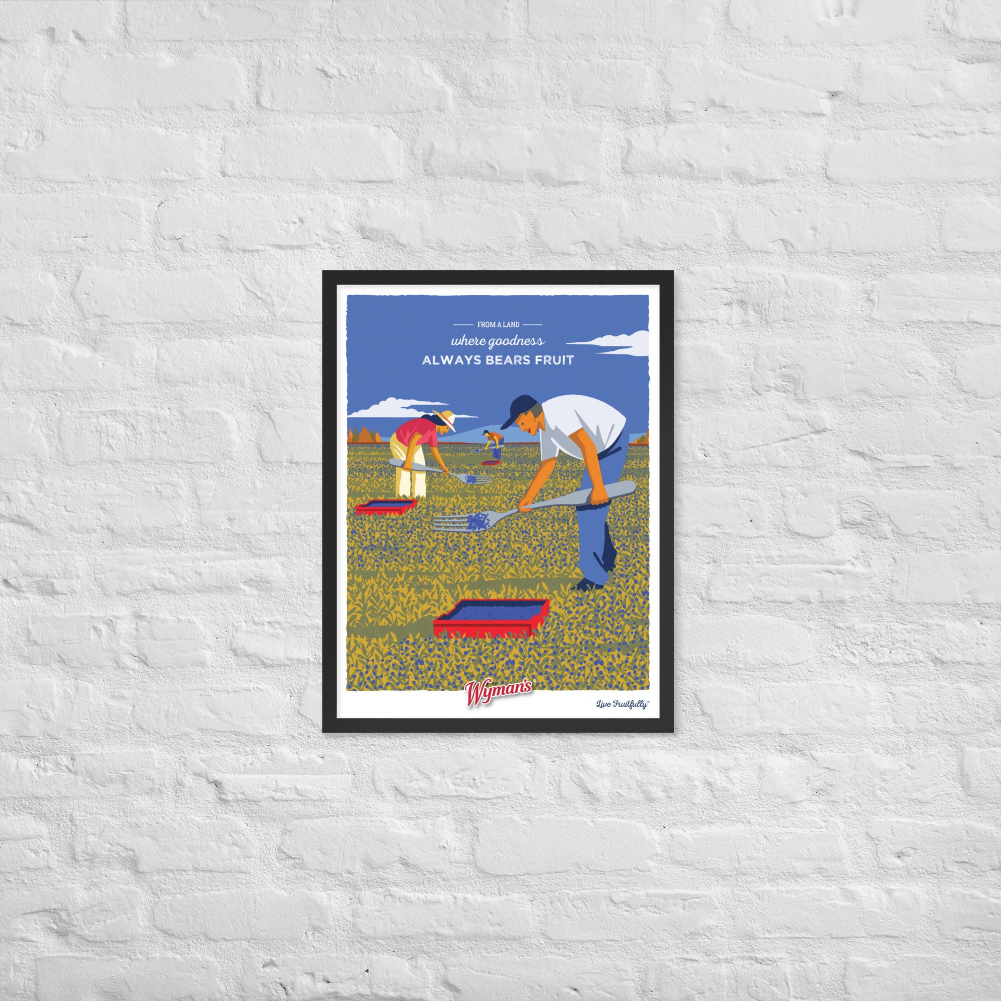 A Shop Wyman's From a Land Where Goodness Always Bears Fruit Poster with a man and a woman in a field of blueberries.