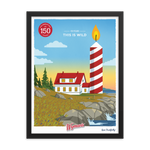 A custom-framed Shop Wyman's poster with a lighthouse in the background, featuring elegant printing finishes.