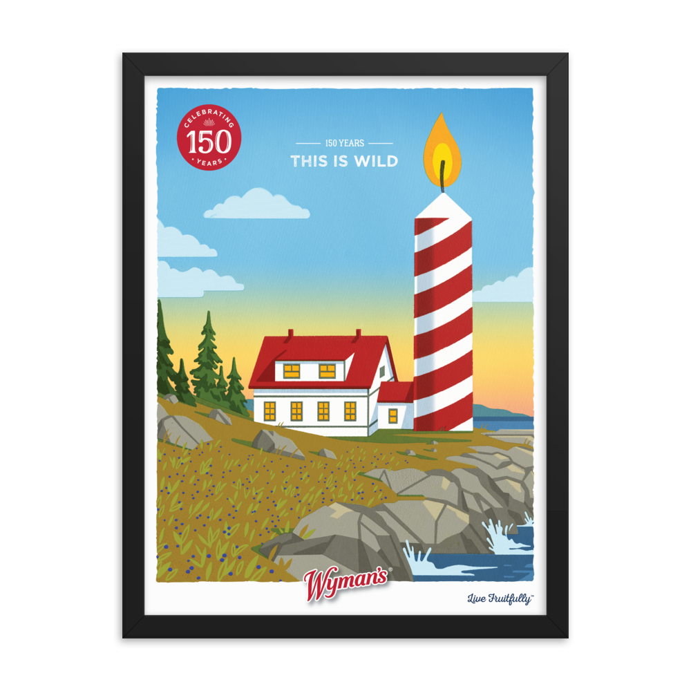 A custom-framed Shop Wyman's poster with a lighthouse in the background, featuring elegant printing finishes.