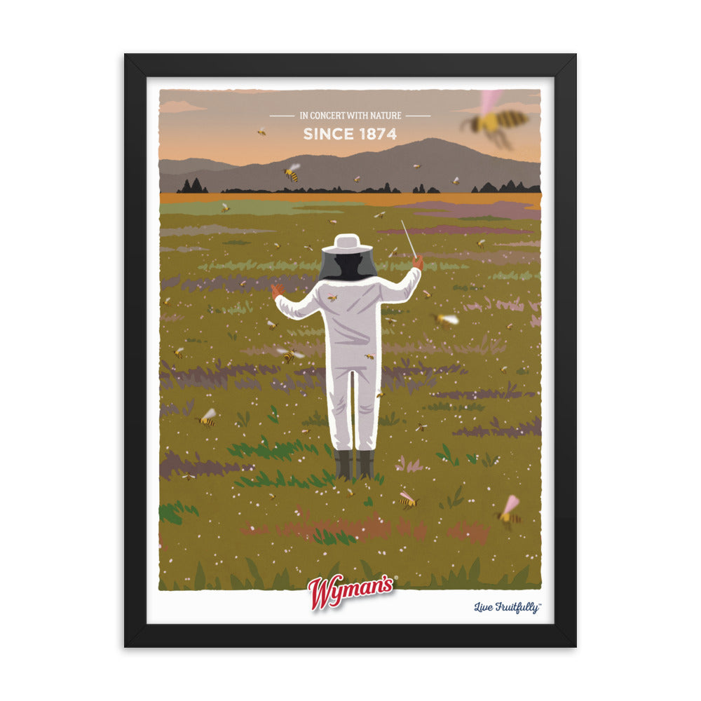 A Shop Wyman's In Concert with Nature Since 1874 poster with a man in a bee suit standing in a field, featuring custom display printing finishes.
