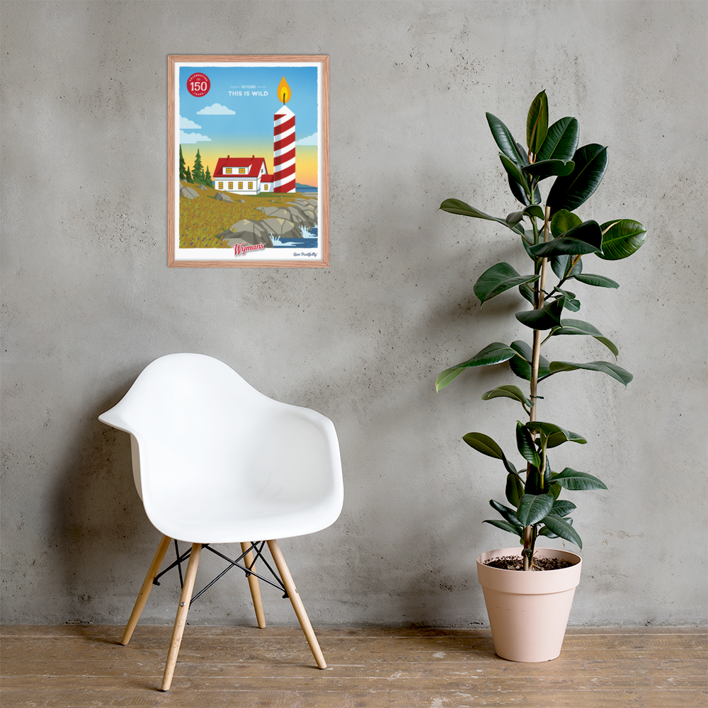 A custom-framed Shop Wyman's 150 Years, This is Wild poster with a lighthouse in the background, featuring premium printing finishes.