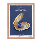 A framed Behold Mother Nature's Tiniest Kept Secret Poster with a blue shell and the words 'thirst keep secret', enhanced by blueberry-themed printing from Shop Wyman's.