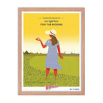 A framed The Sweetest Things in Life are Right Here for the Picking Poster, showcasing a woman in a hat standing in a field by Shop Wyman's.