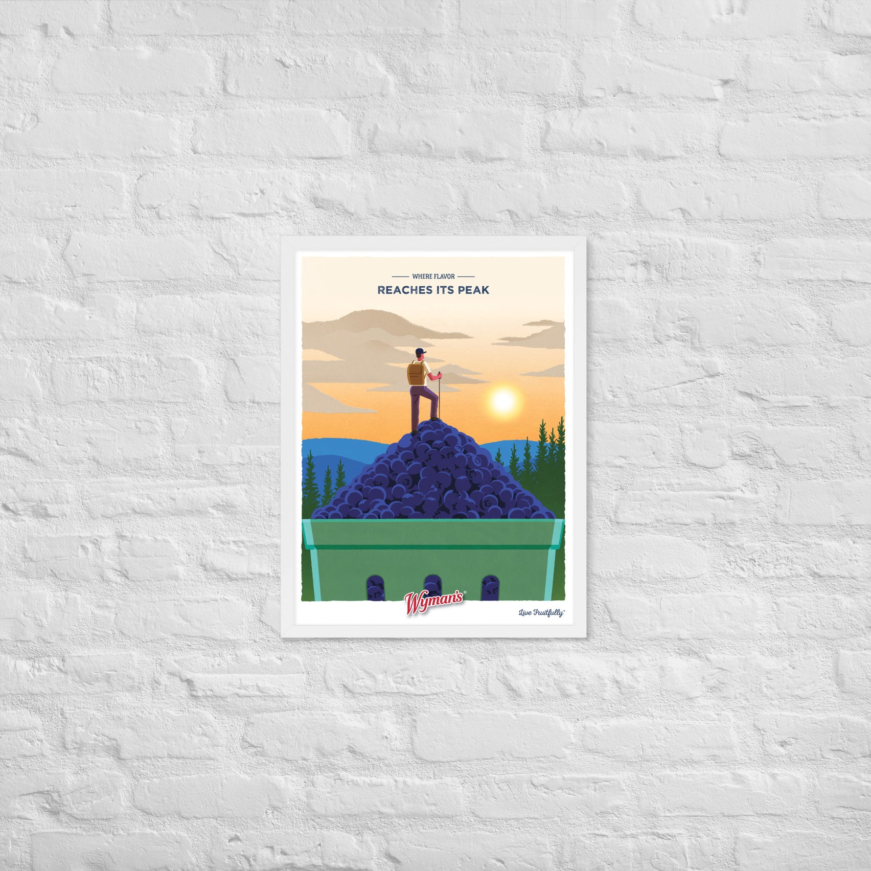A custom Where Flavor Reaches its Peak Poster with a man standing on top of a brick wall by Shop Wyman's.