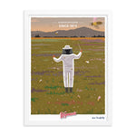 A custom Shop Wyman's poster with a man in a bee suit standing in a field, enhanced with special printing finishes.