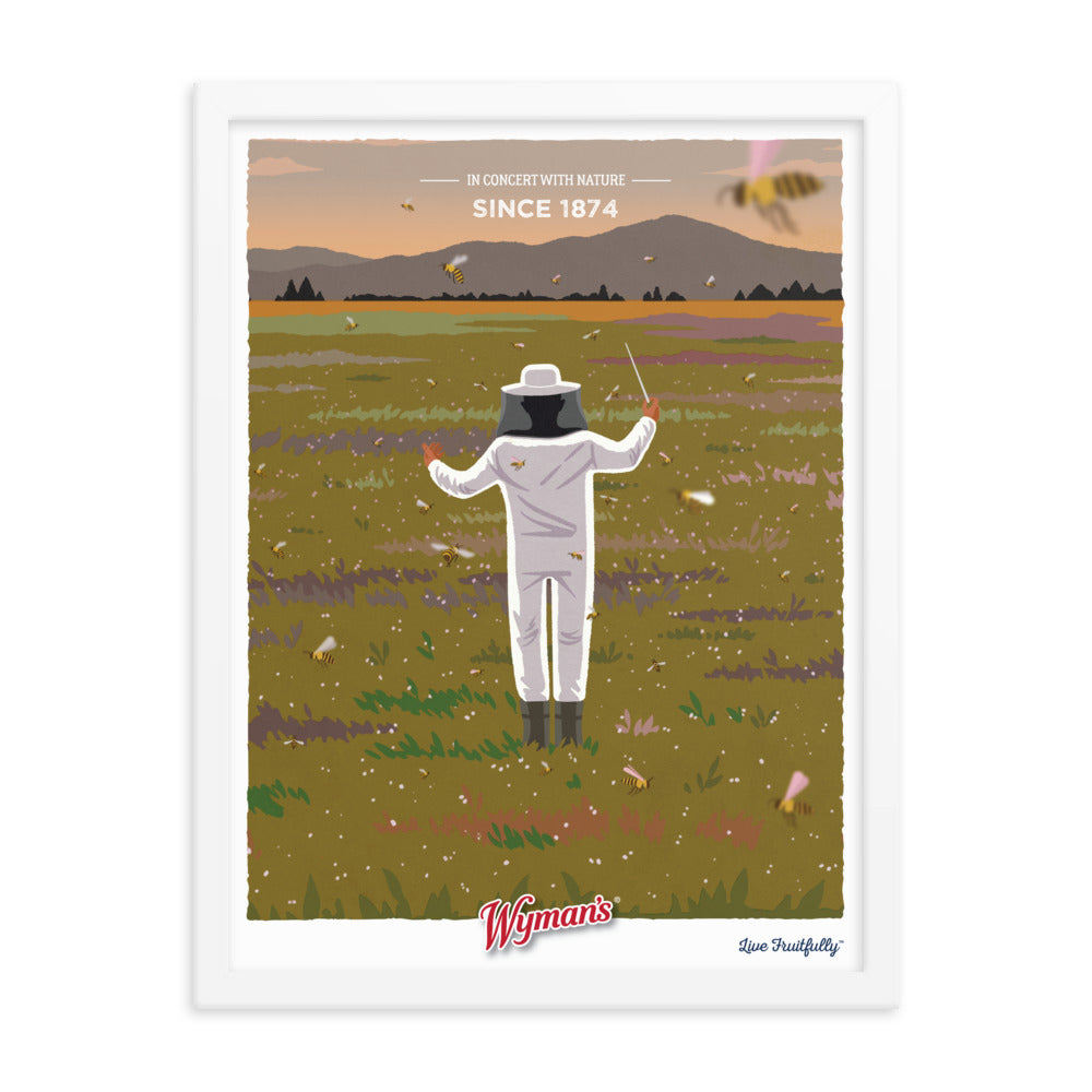A custom Shop Wyman's poster with a man in a bee suit standing in a field, enhanced with special printing finishes.