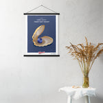 A Behold Mother Nature's Tiniest Kept Secret poster, designed with blueberry hues, hanging on a wall from Shop Wyman's.