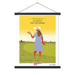 A Shop Wyman's poster with a woman in a hat standing in a field, enhanced with custom printing finishes.